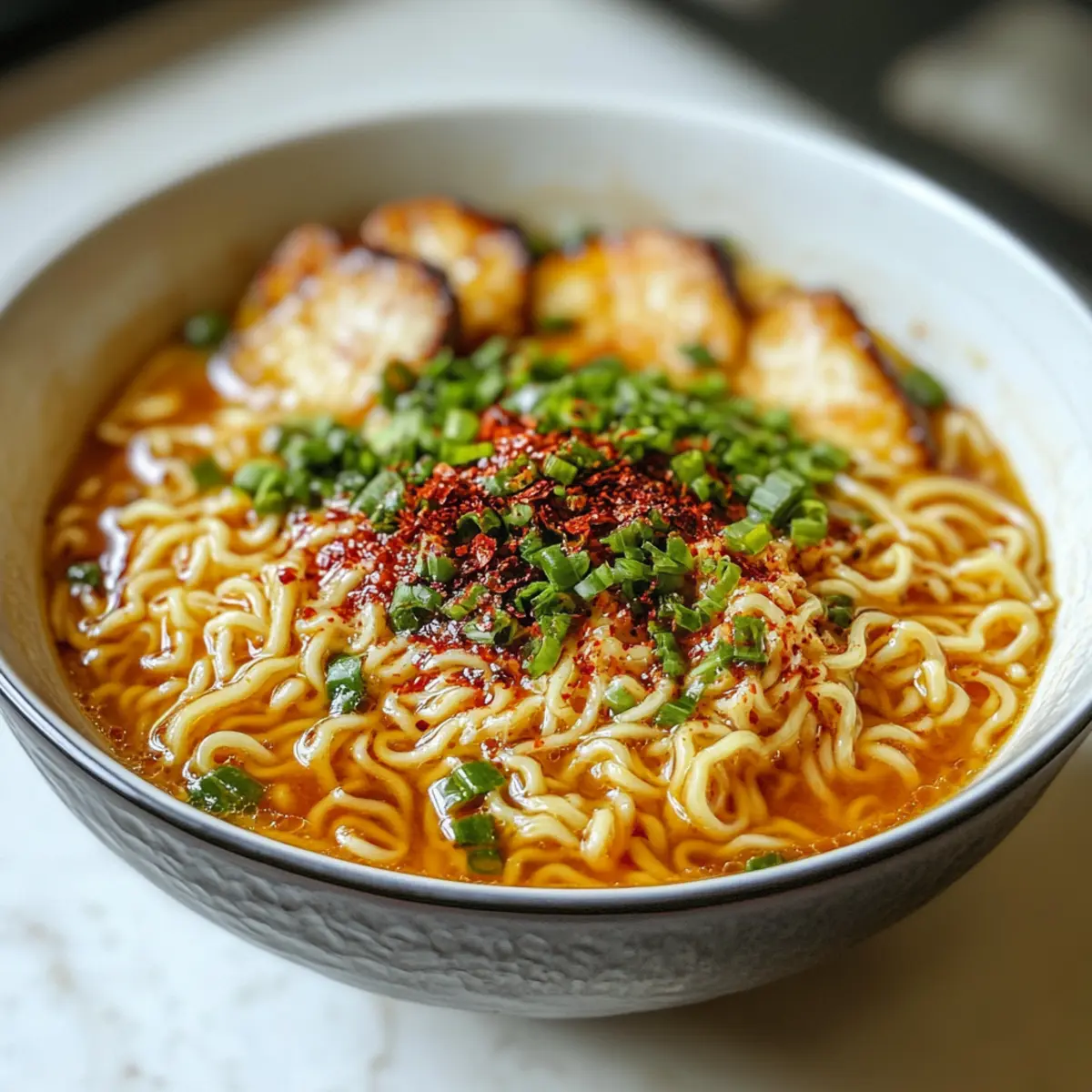 Feurige Hühnchen-Ramen mit cremiger Knoblauchsauce