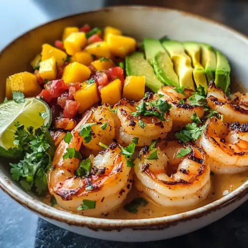Shrimp- und Avocado-Bowls mit Mango-Salsa und Limetten-Chili-Sauce